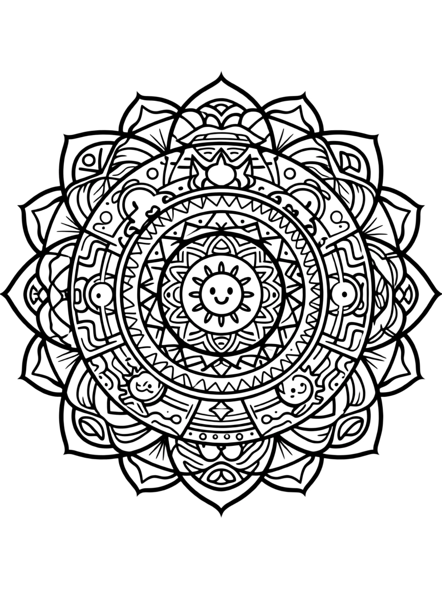 Tiered mandala with platform-like levels each featuring distinct pattern types