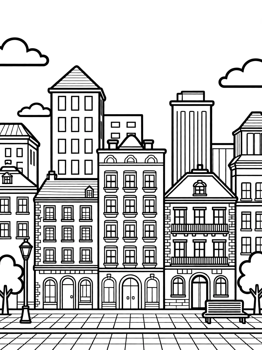 Cityscape silhouette filled with architectural pattern details