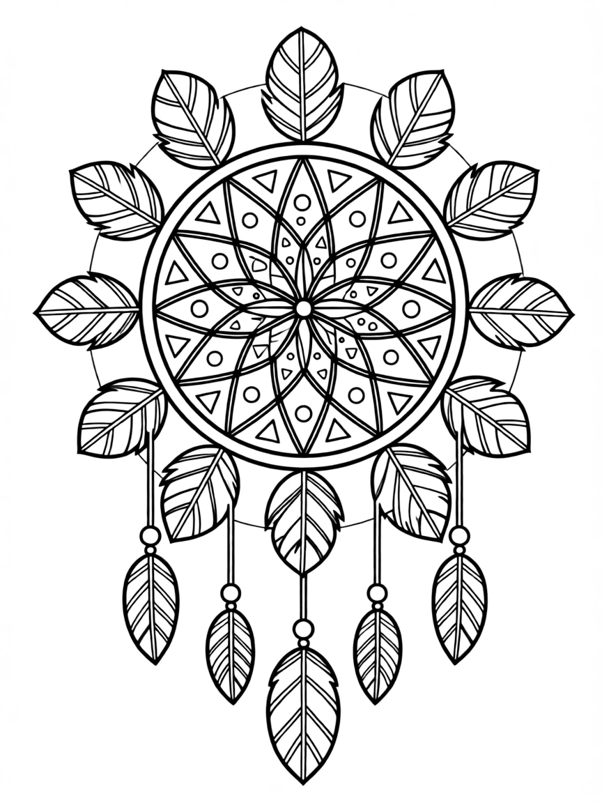Dream catcher inspired circular design with feather-like patterns