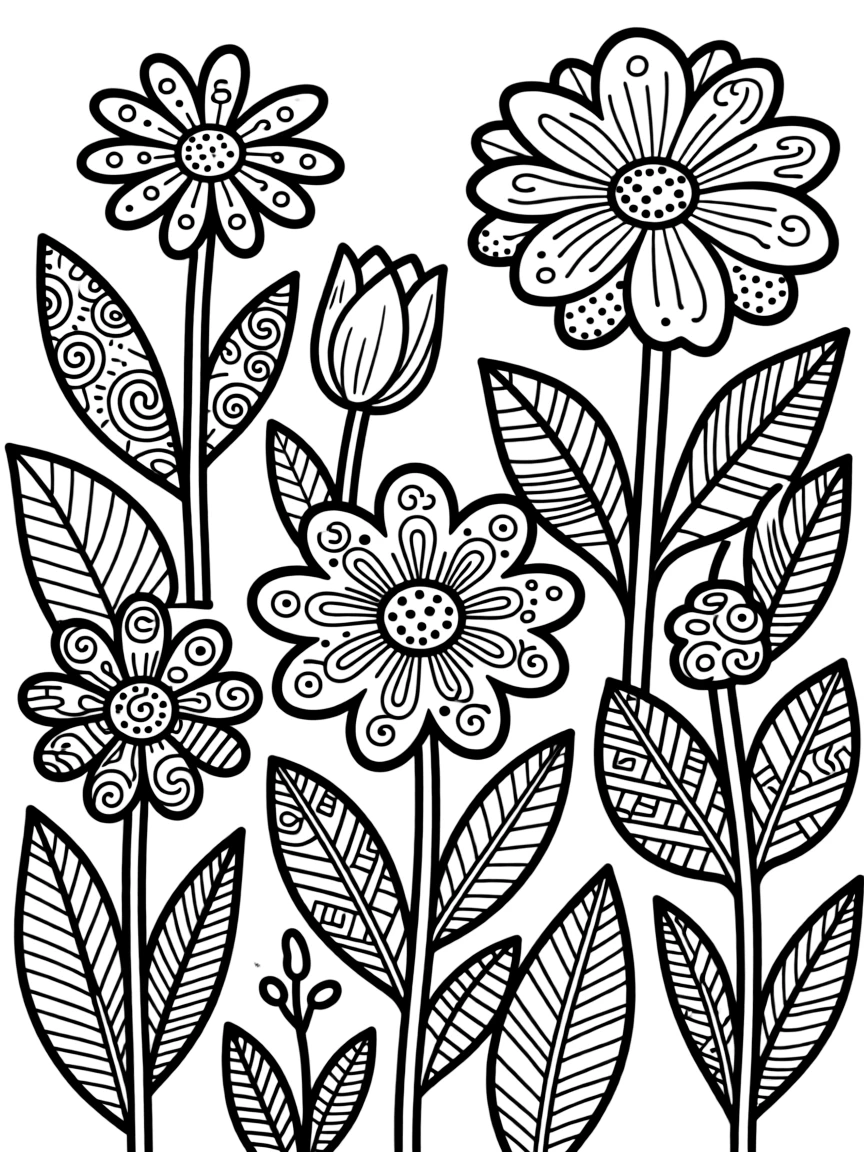 Abstract garden with flower and leaf forms filled with zentangle details