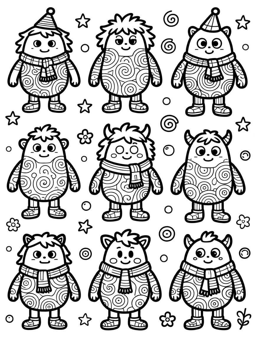 Doodle monster shapes with various zentangle patterns as textures