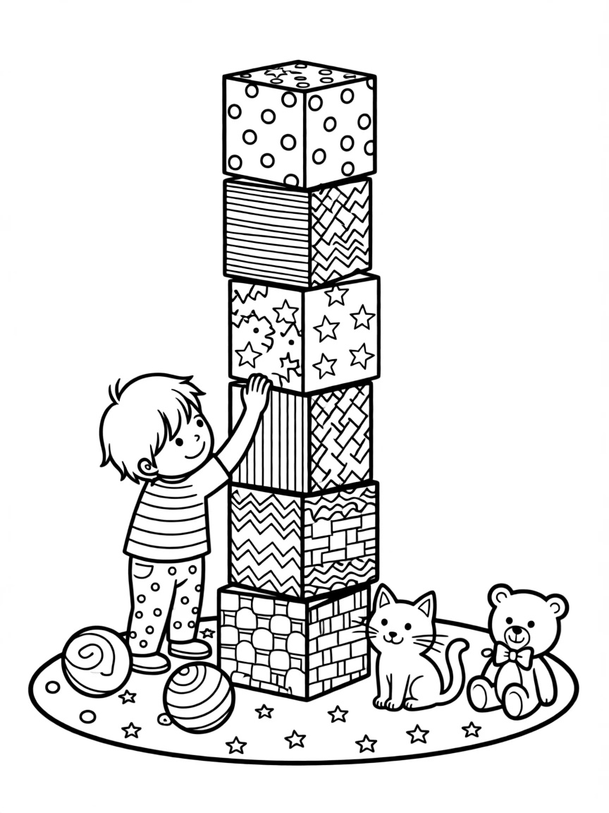 Stackable block structures each with unique surface patterns