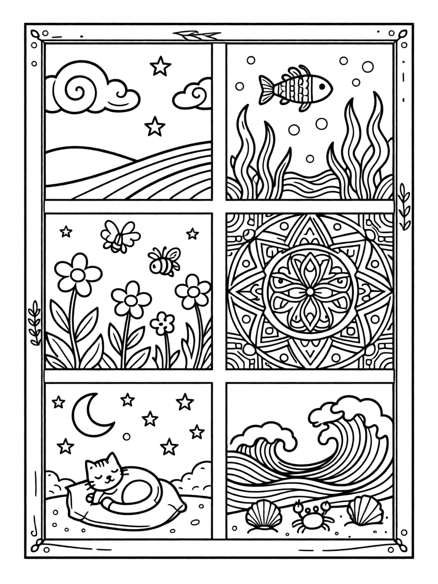 Window pane design with each section viewing a different pattern world