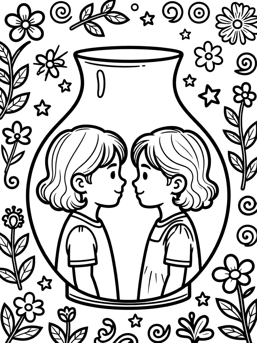 Hidden face profiles in vase-like negative space with pattern details
