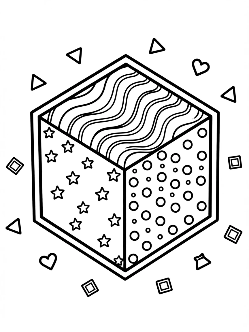 Necker cube with unique pattern fills on each face