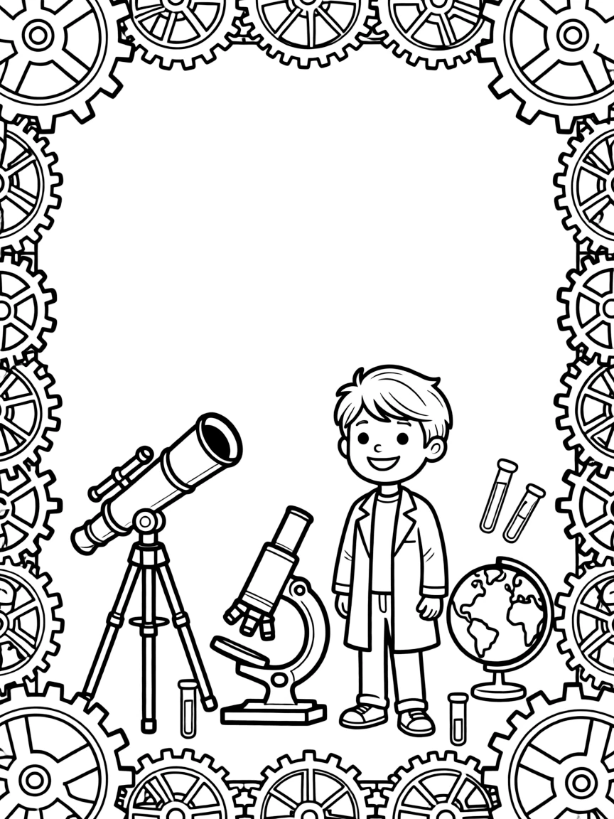 Scientific instrument border with gear and dial pattern elements