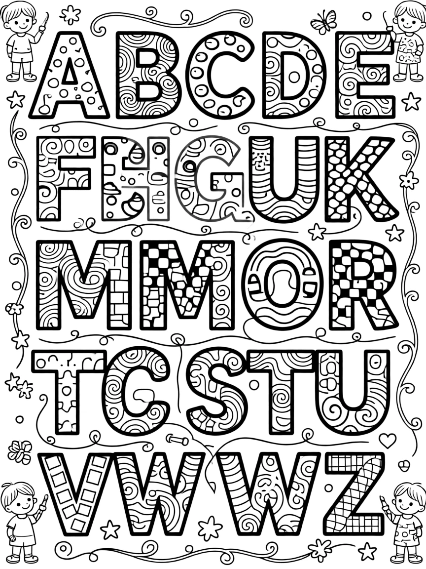 Pattern-filled alphabets with each letter containing unique zentangle work