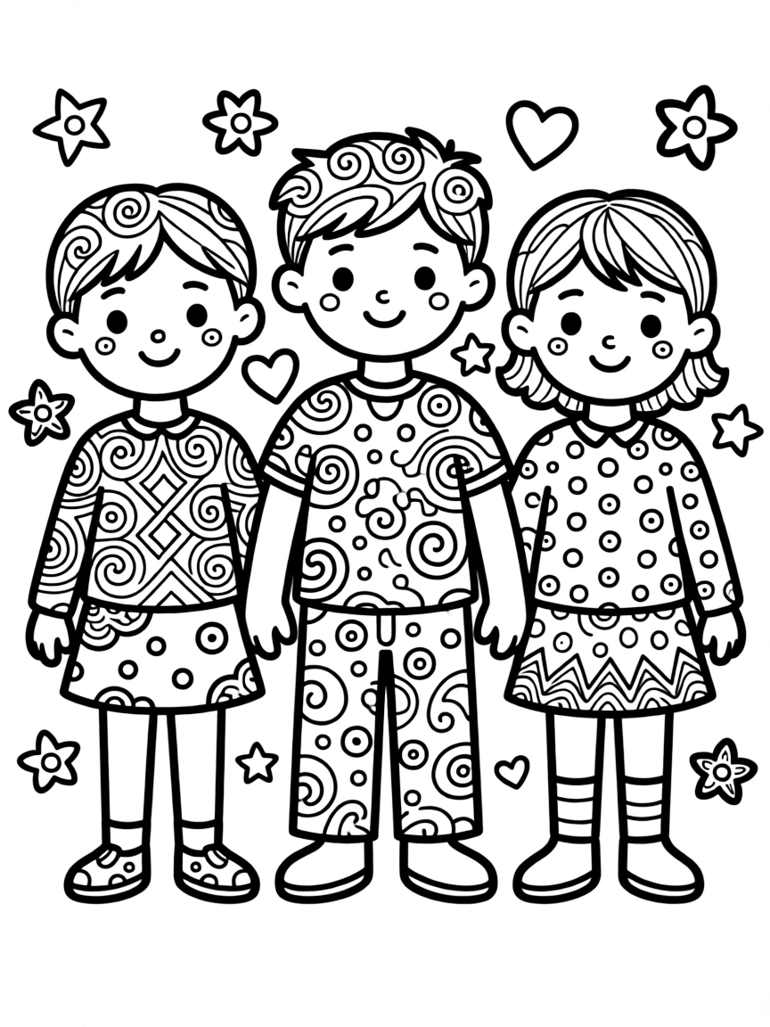 Abstracted figure forms with zentangle pattern clothing and features