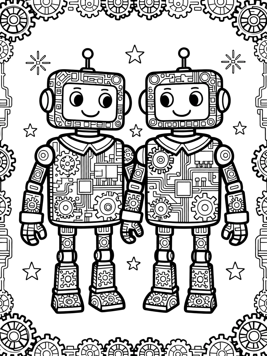 Zentangle robots with gear and circuit board pattern details