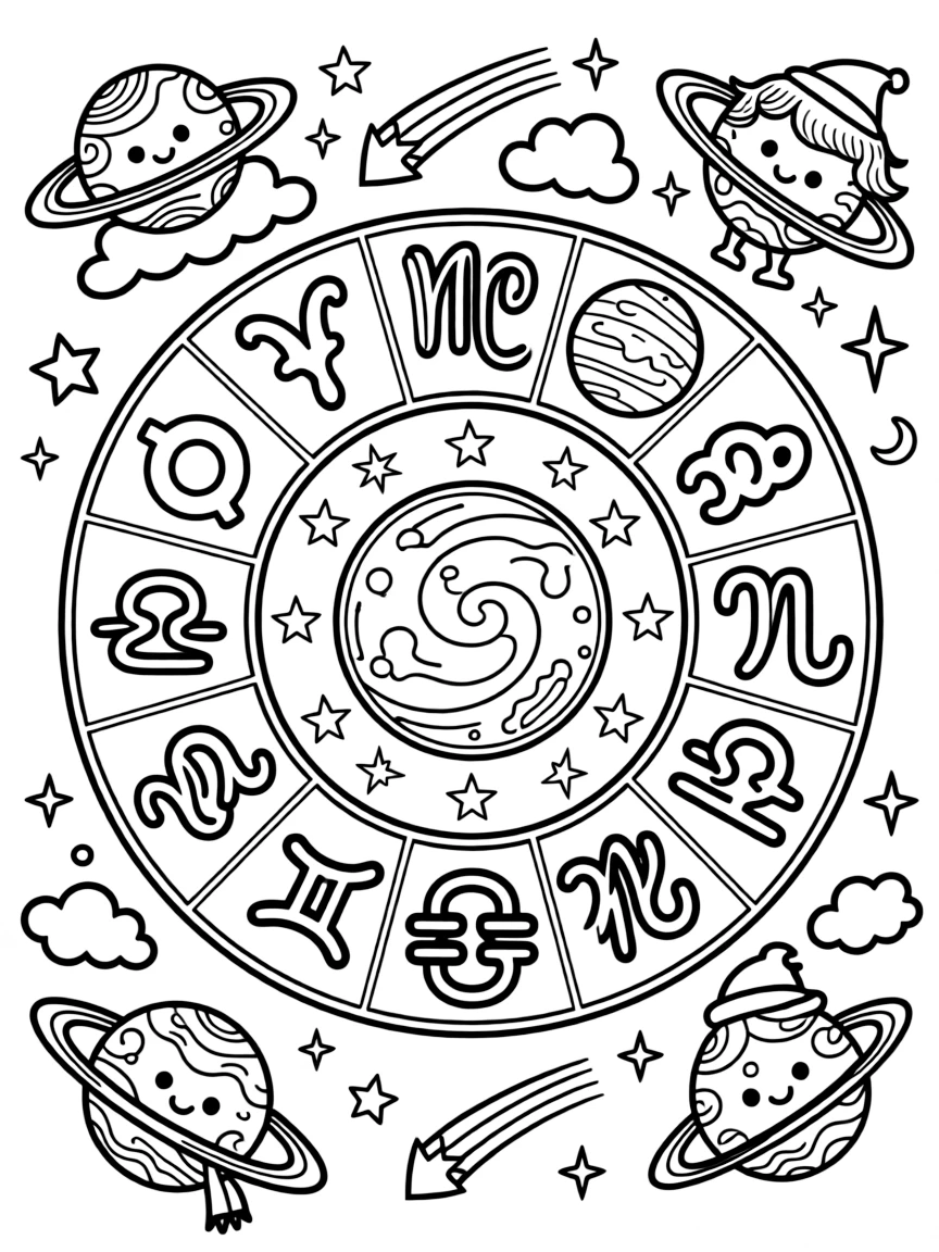 Astrological planet symbols with cosmic pattern details