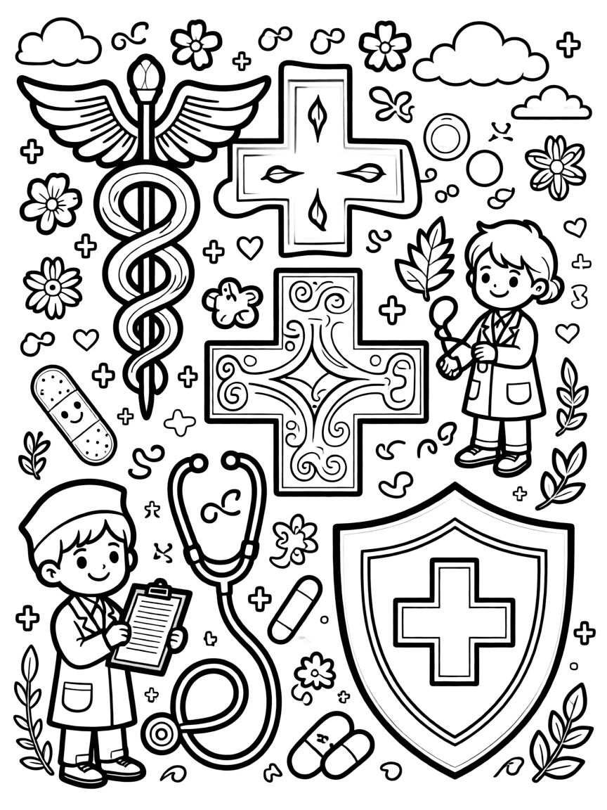 Medical symbol outlines with healing pattern motifs