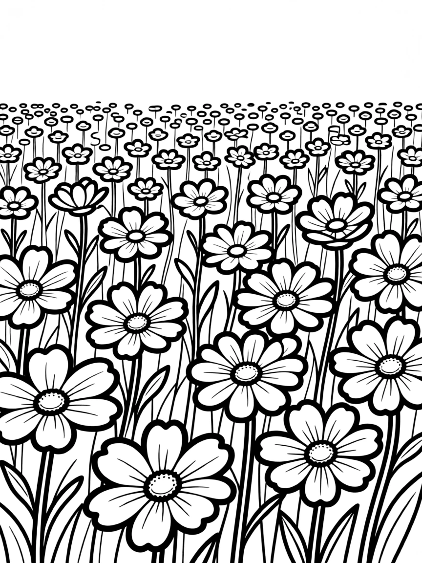 Field of pattern flowers with stem and petal details