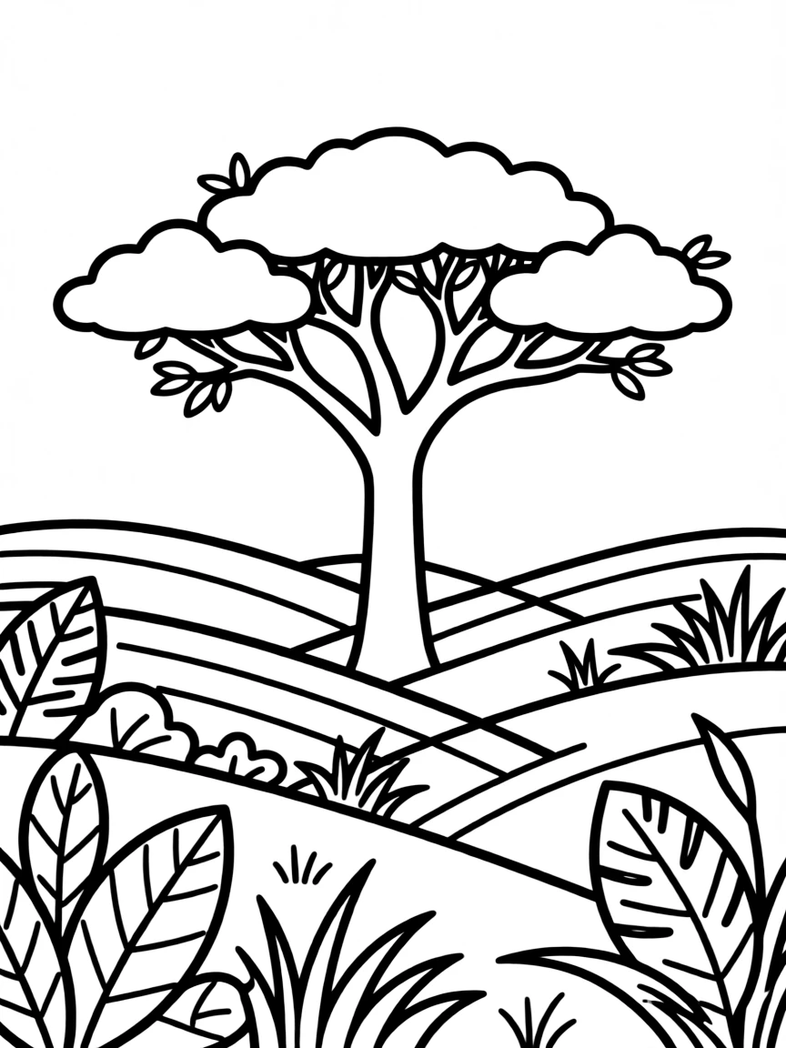 Safari landscape with grassland patterns and acacia tree silhouettes