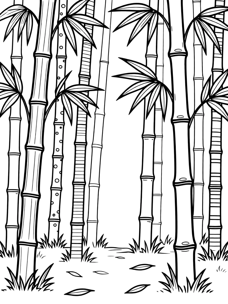 Bamboo forest with varied stalk patterns and leaf details
