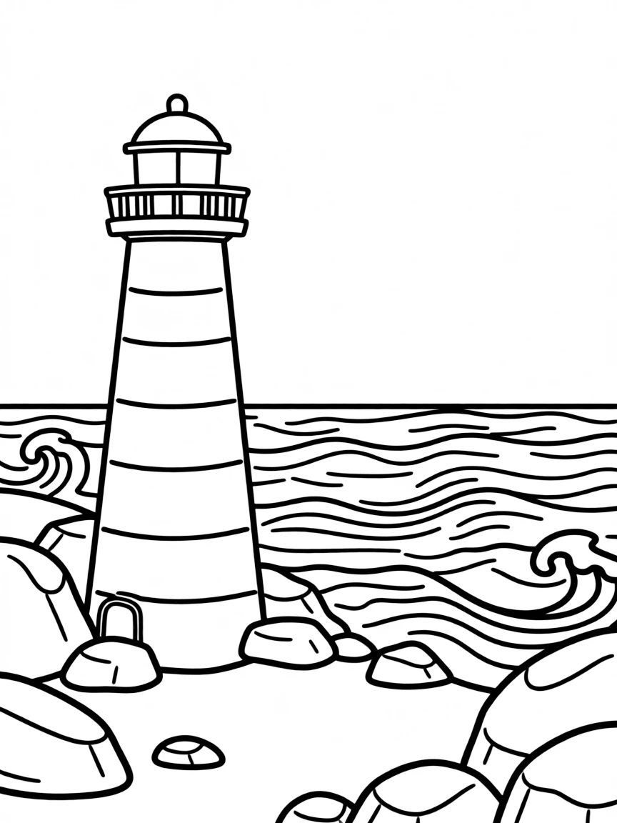 Lighthouse on rocky shore with wave pattern details