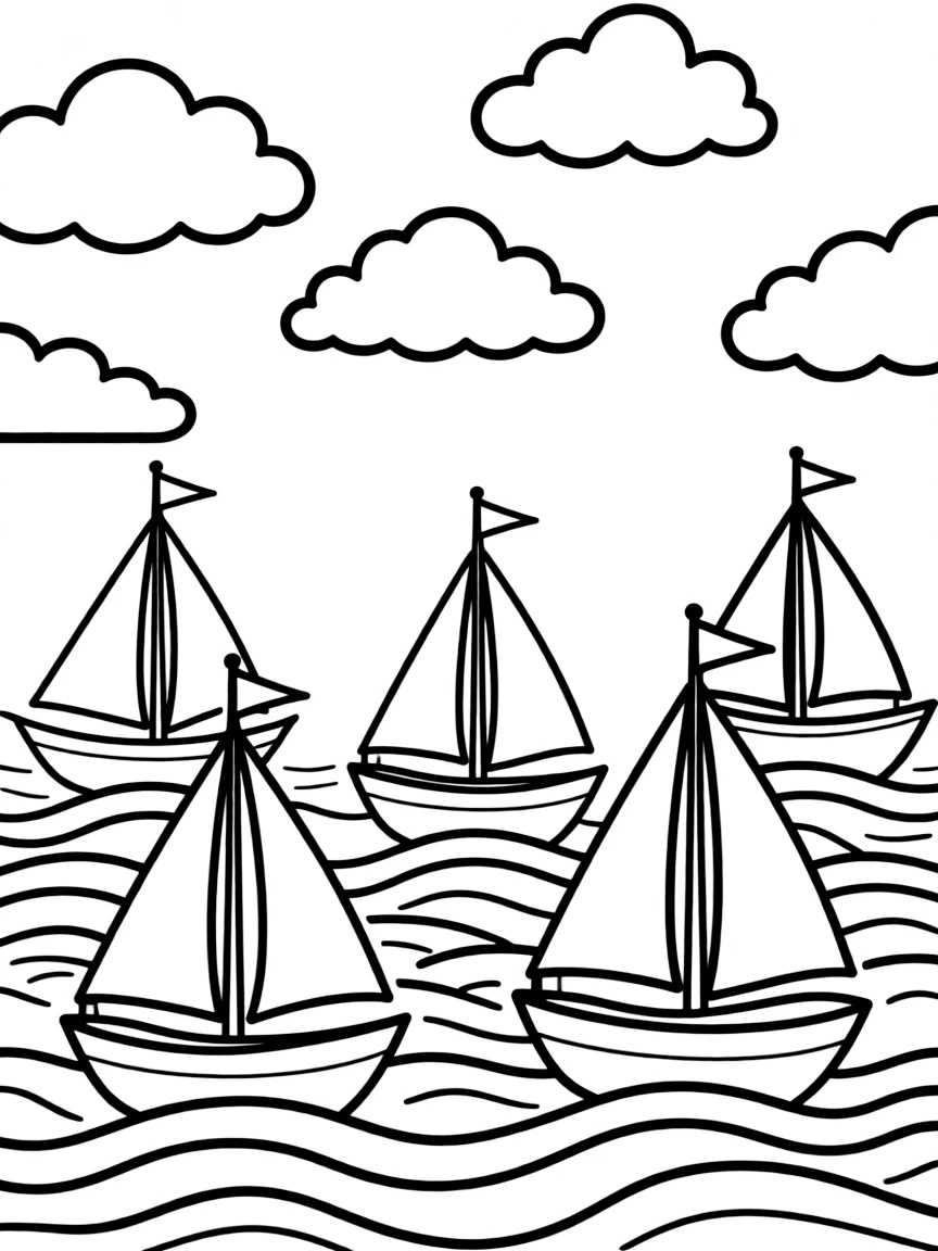 Sailing ships on pattern ocean with wave and cloud details
