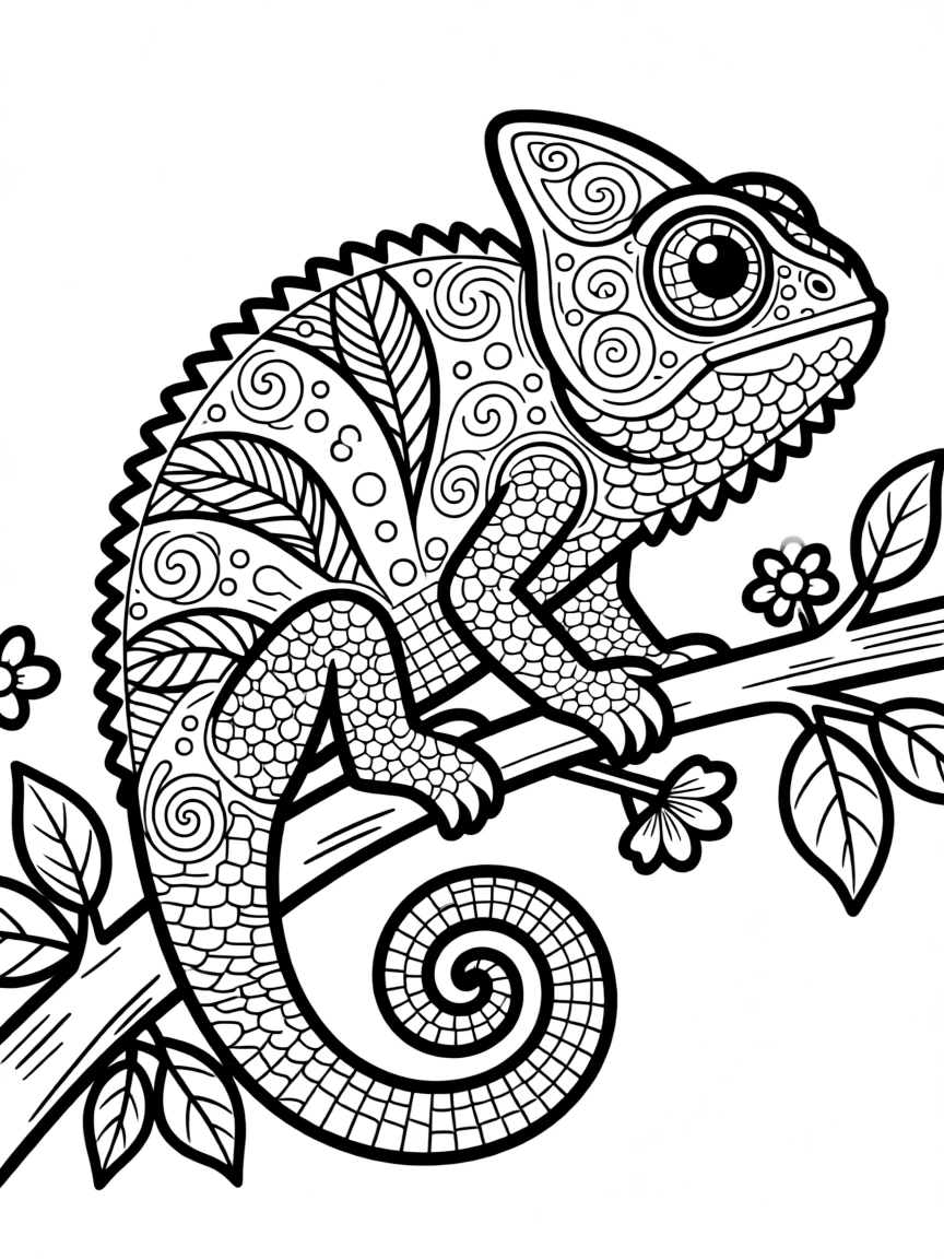 Zentangle chameleon with color-change pattern suggestion