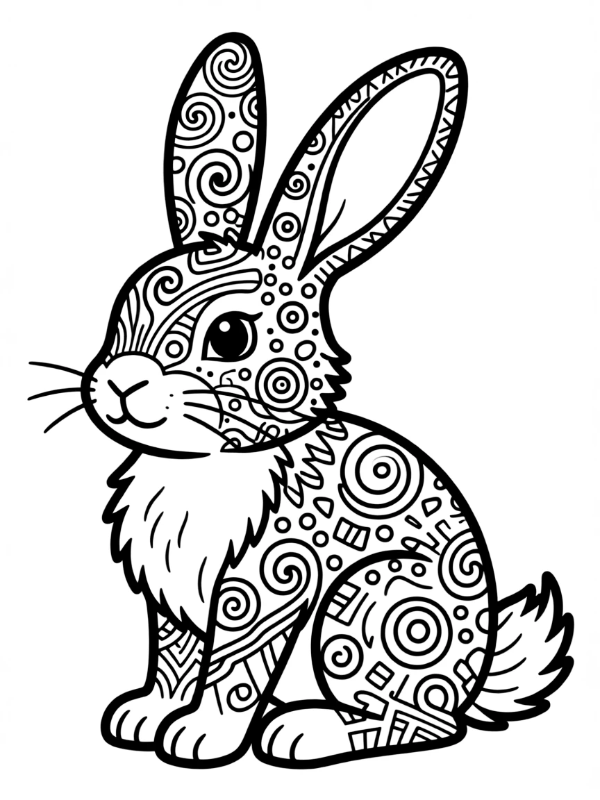 Zentangle rabbit with fur and ear patterns