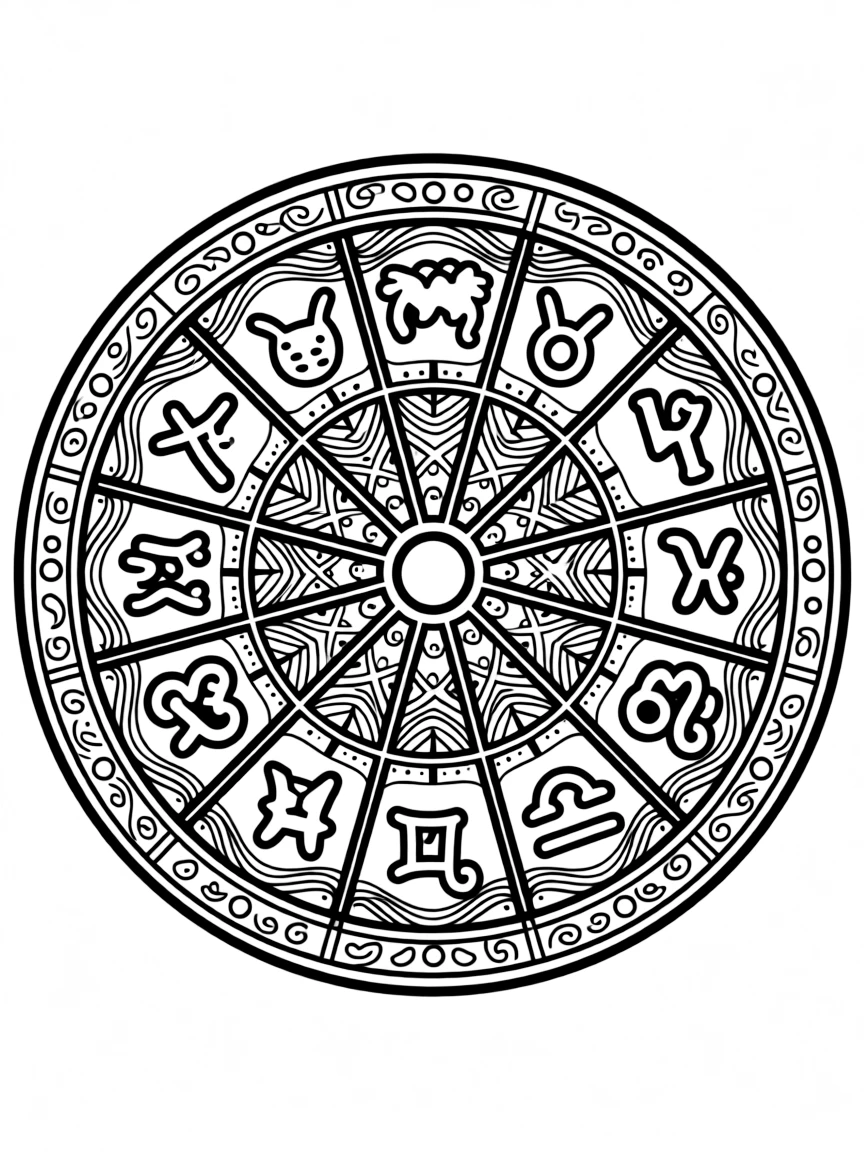 Zentangle zodiac wheel with symbolic pattern details