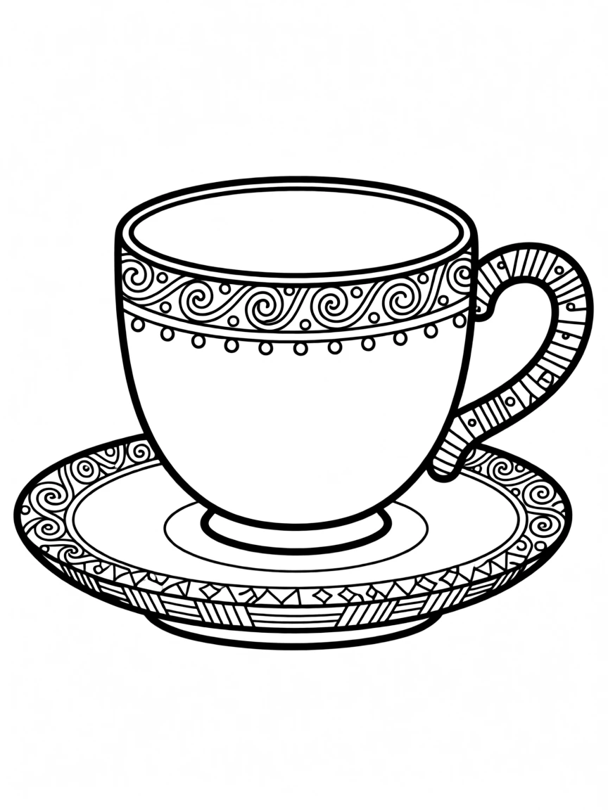 Zentangle cup and saucer with handle and rim patterns