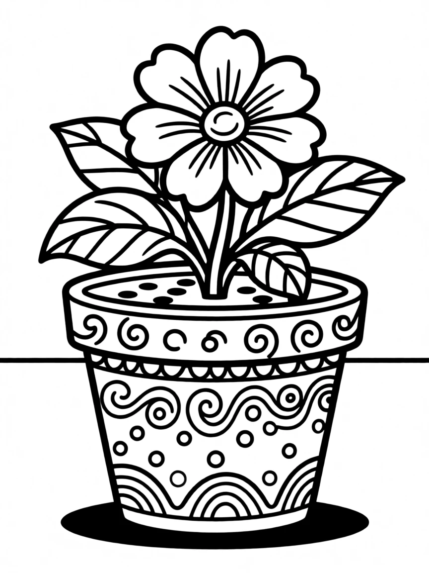 Zentangle flower pot with drainage and rim patterns