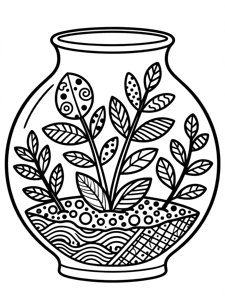 Zentangle terrarium with plant and substrate patterns