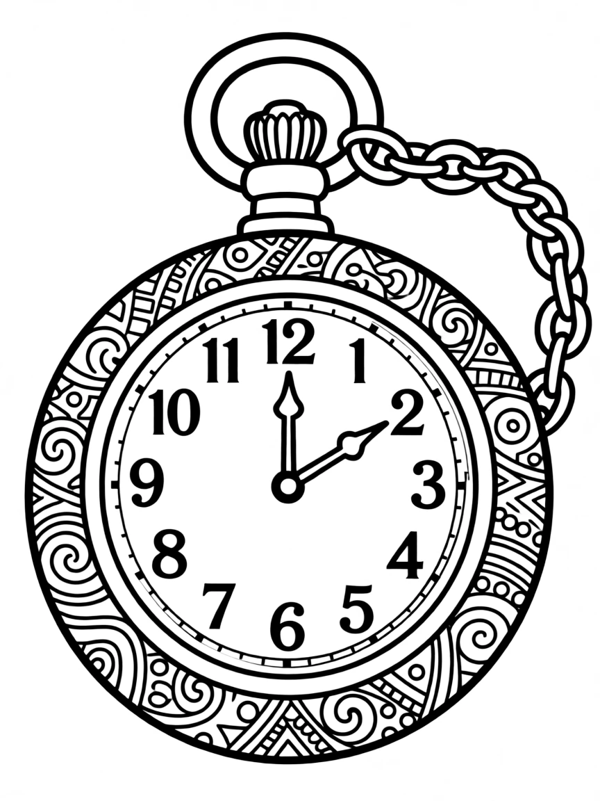 Zentangle pocket watch with chain and face details