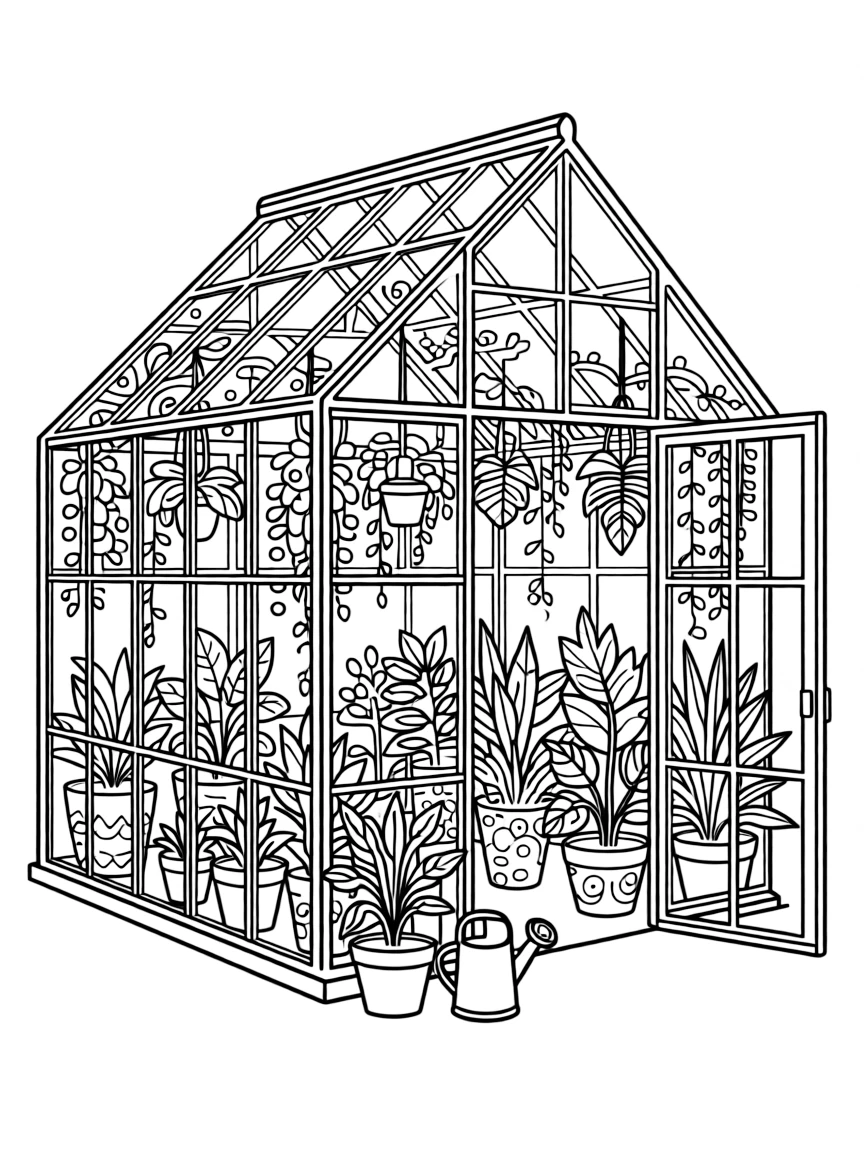 Zentangle greenhouse with panel and plant patterns