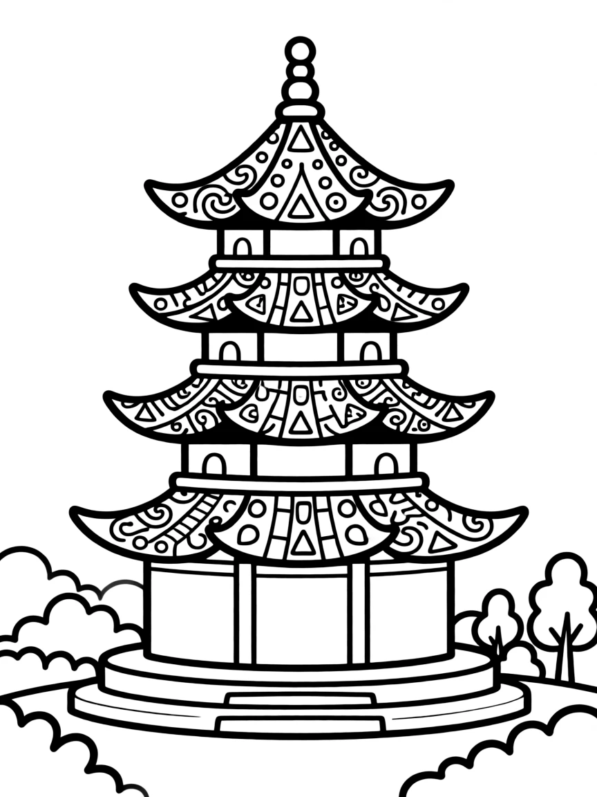 Zentangle pagoda with tiered roof pattern details