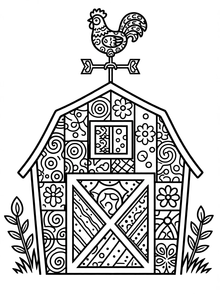 Zentangle barn with weathervane and door patterns