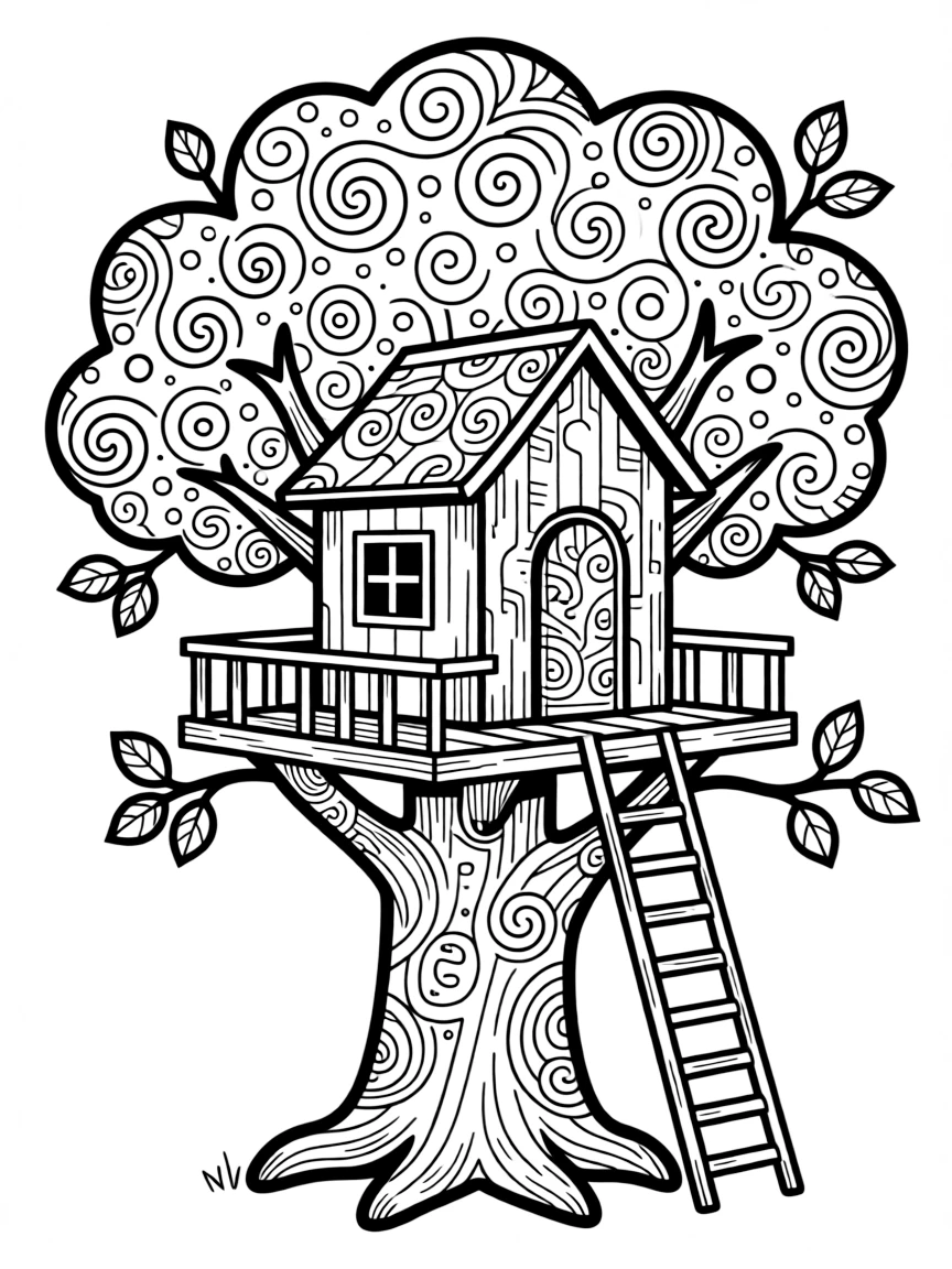 Zentangle treehouse with ladder and platform patterns