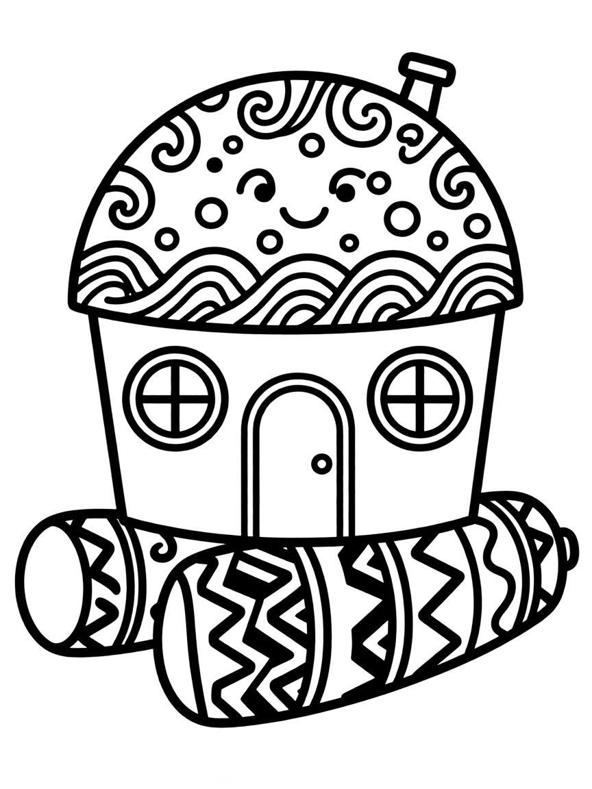 Zentangle floating house with pontoon and roof patterns