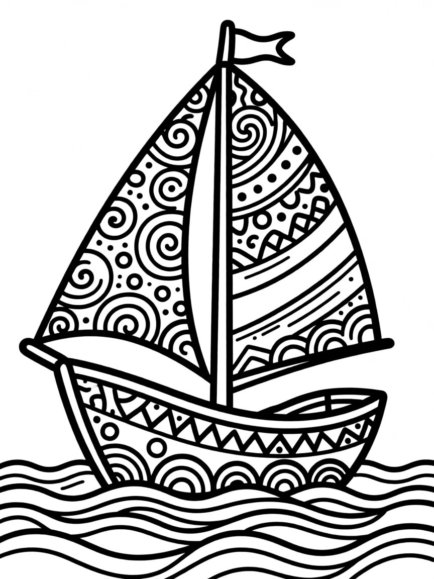 Zentangle sailing ship with sail and hull patterns