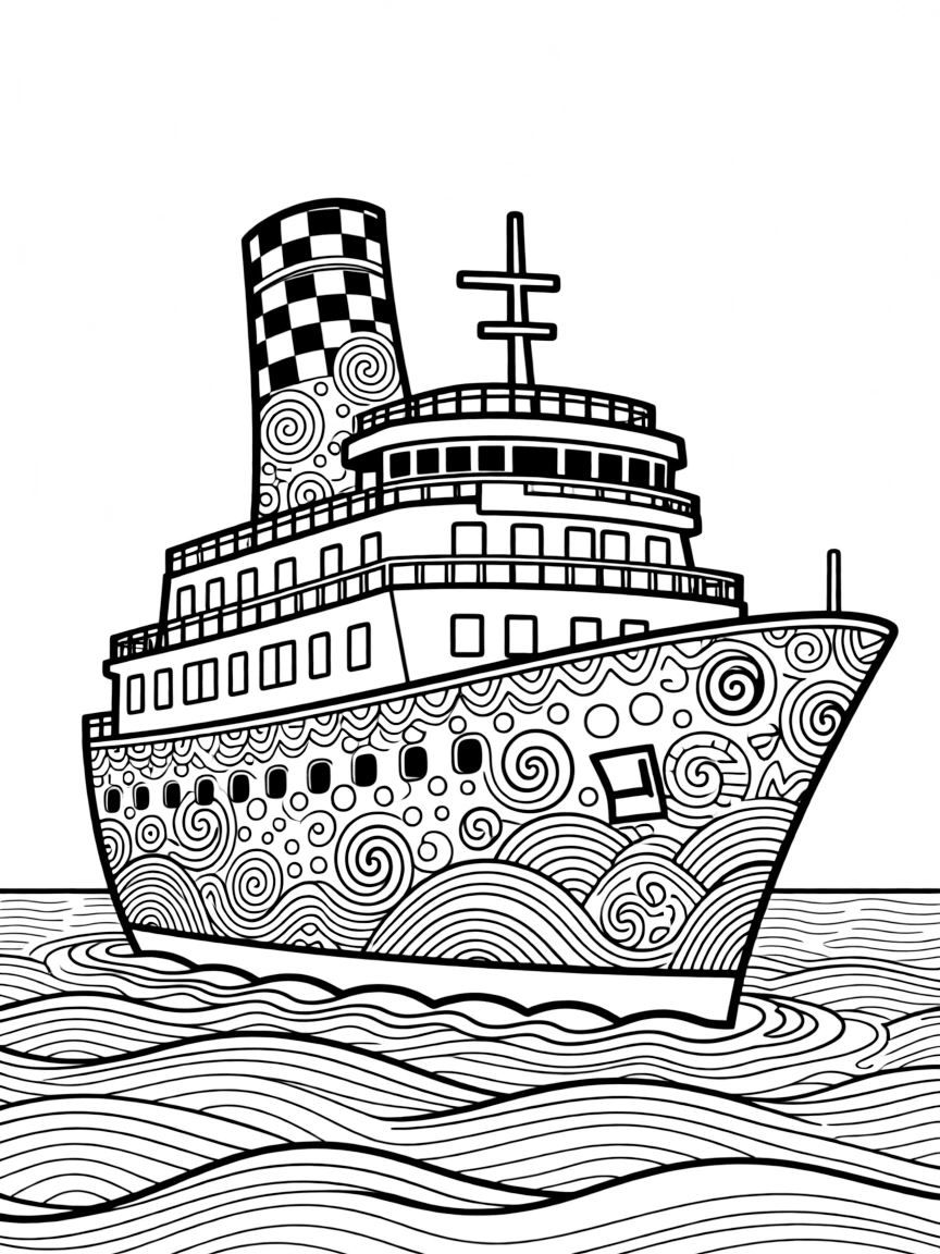 Zentangle cruise ship with deck and funnel patterns