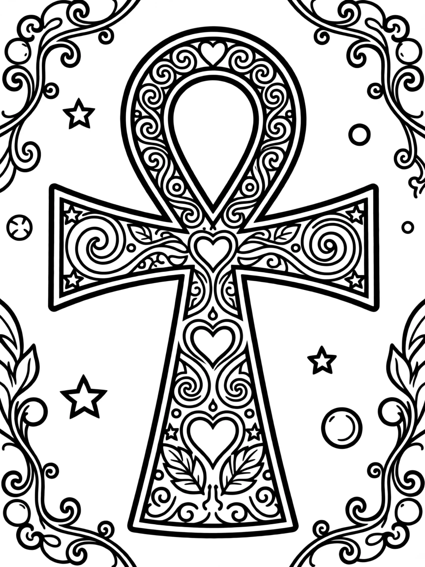 Zentangle ankh with life-force pattern elements