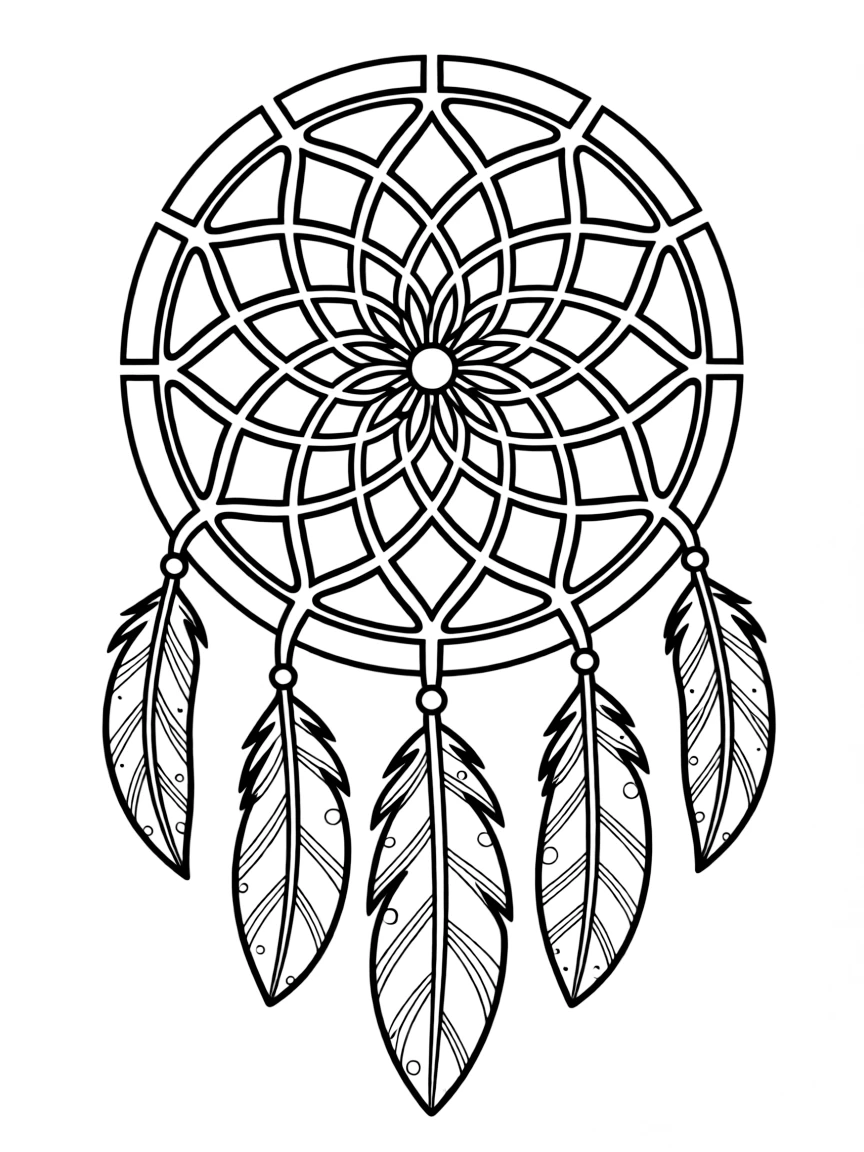 Zentangle dreamcatcher with web and feather patterns