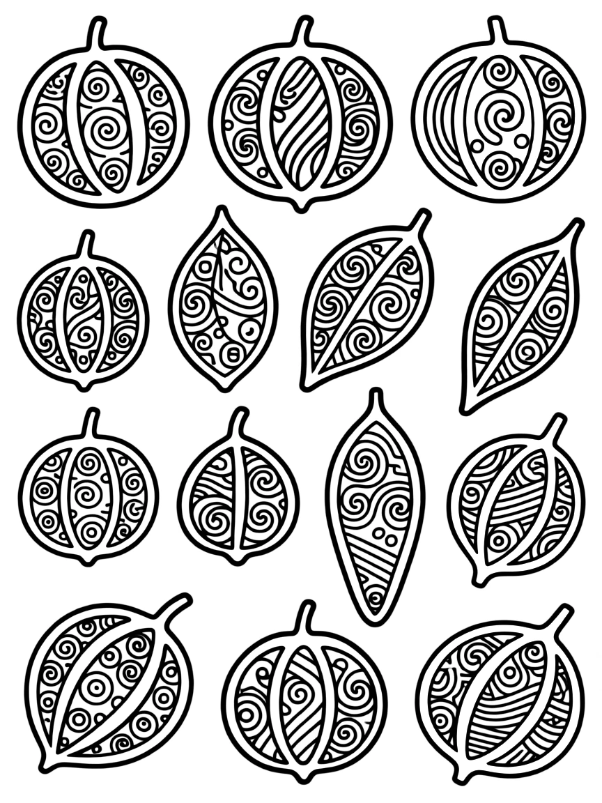 Zentangle seed pod collection with internal pattern details