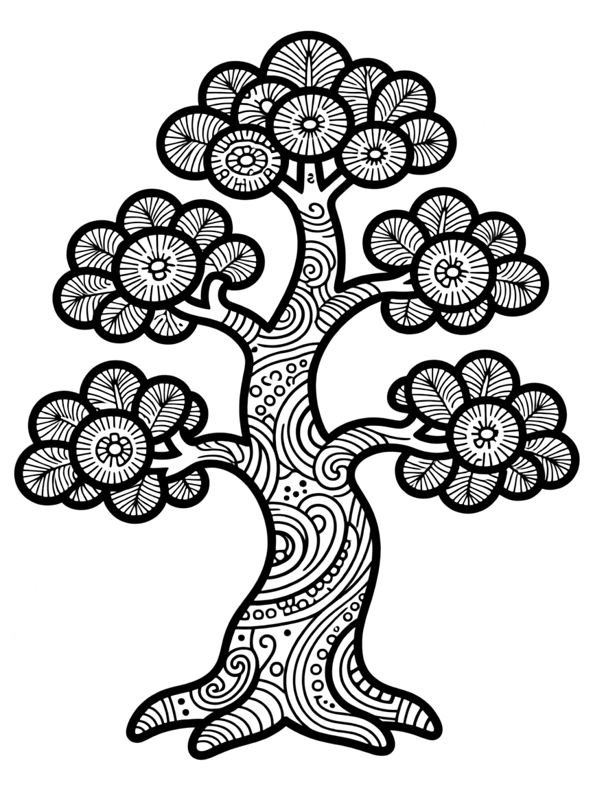 Zentangle bonsai tree with trunk and foliage patterns