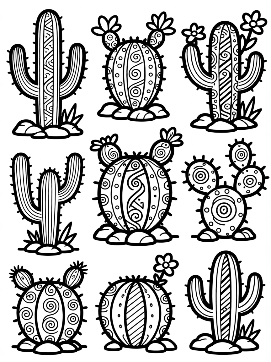 Zentangle cactus collection with spine pattern details