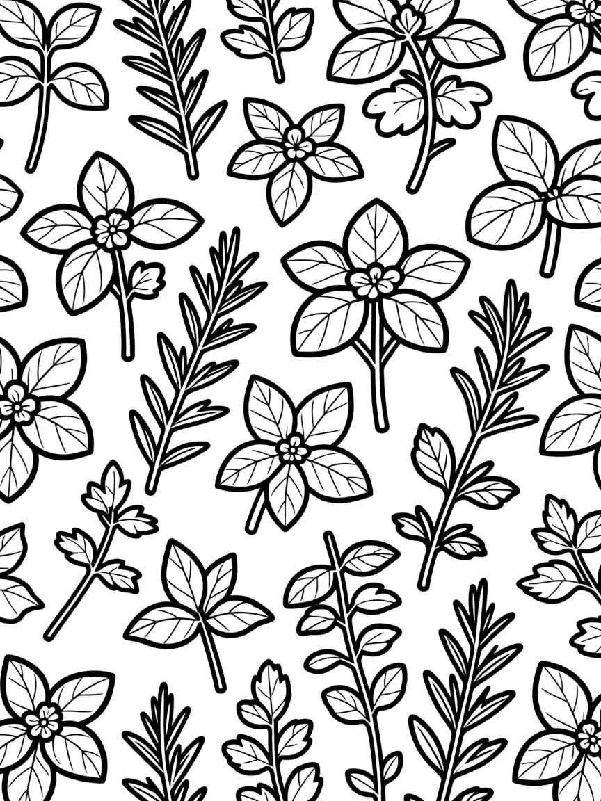 Pattern herb garden with leaf and stem details