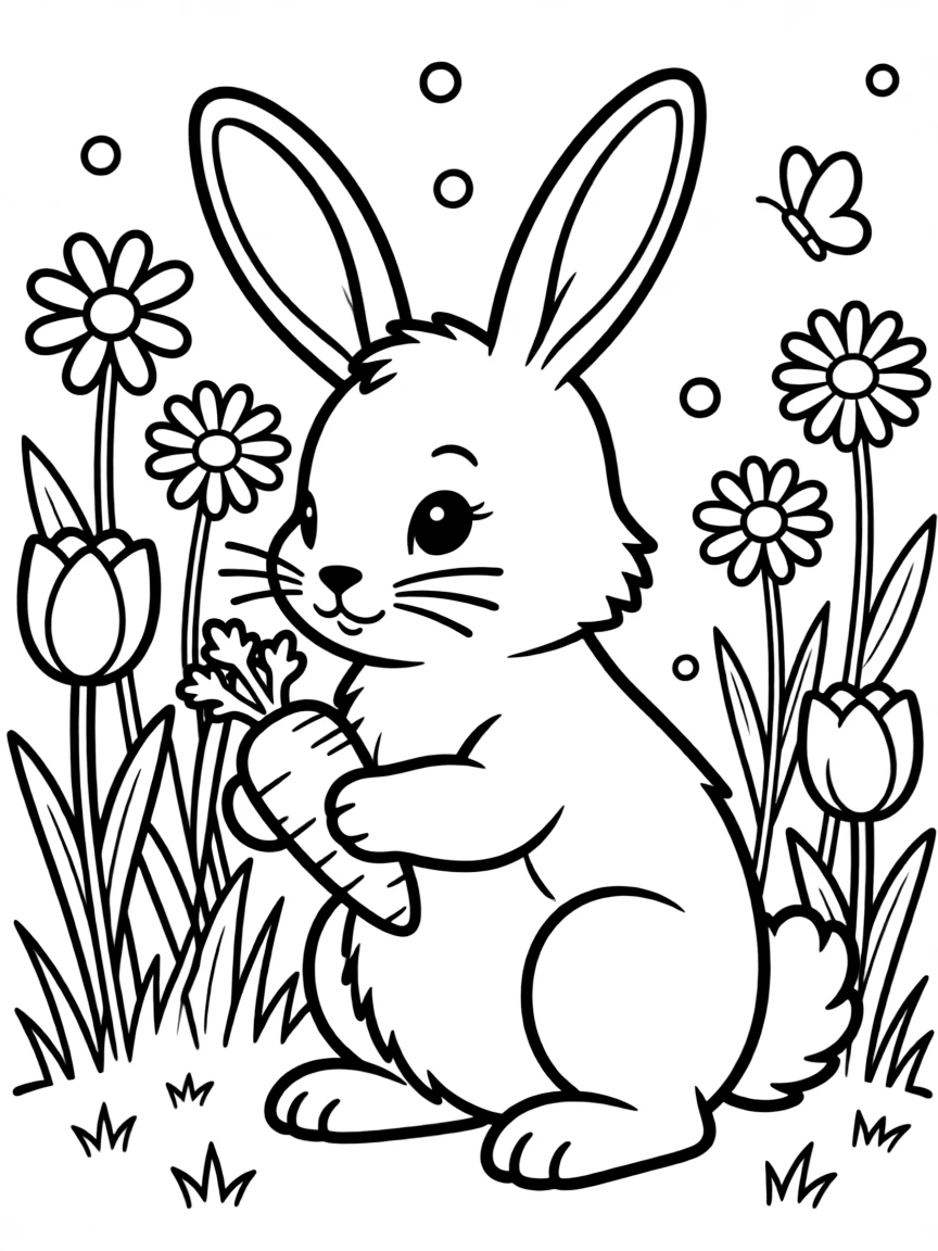 A rabbit nibbling on a carrot in a garden full of flowers.