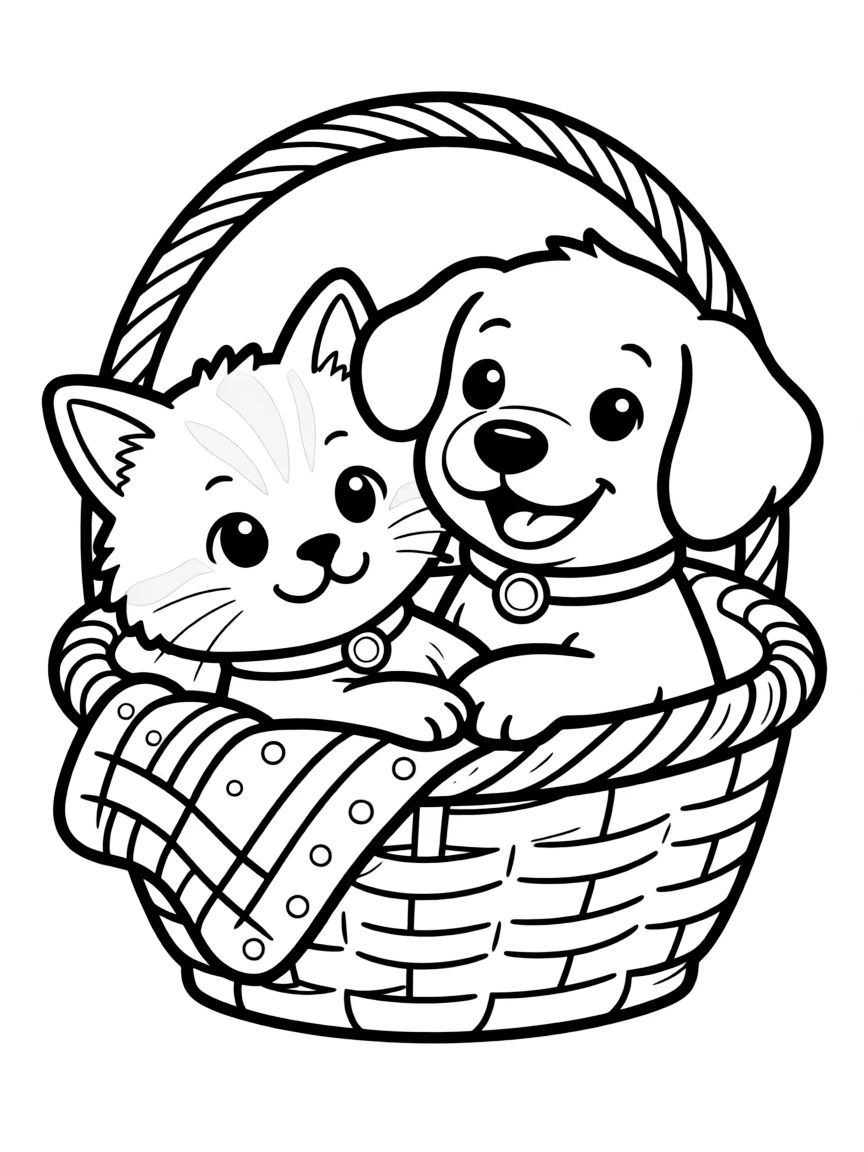 A kitten and a puppy cuddling together in a basket.