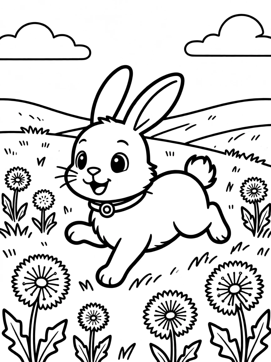 A rabbit hopping through a field of dandelions.