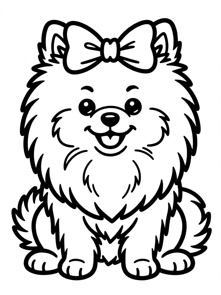 A fluffy Pomeranian with a bow on its head.