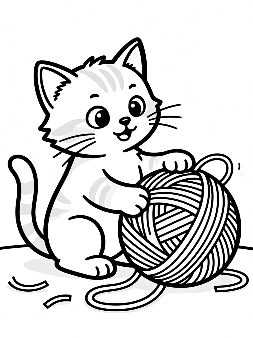 A kitten playing with a ball of yarn.