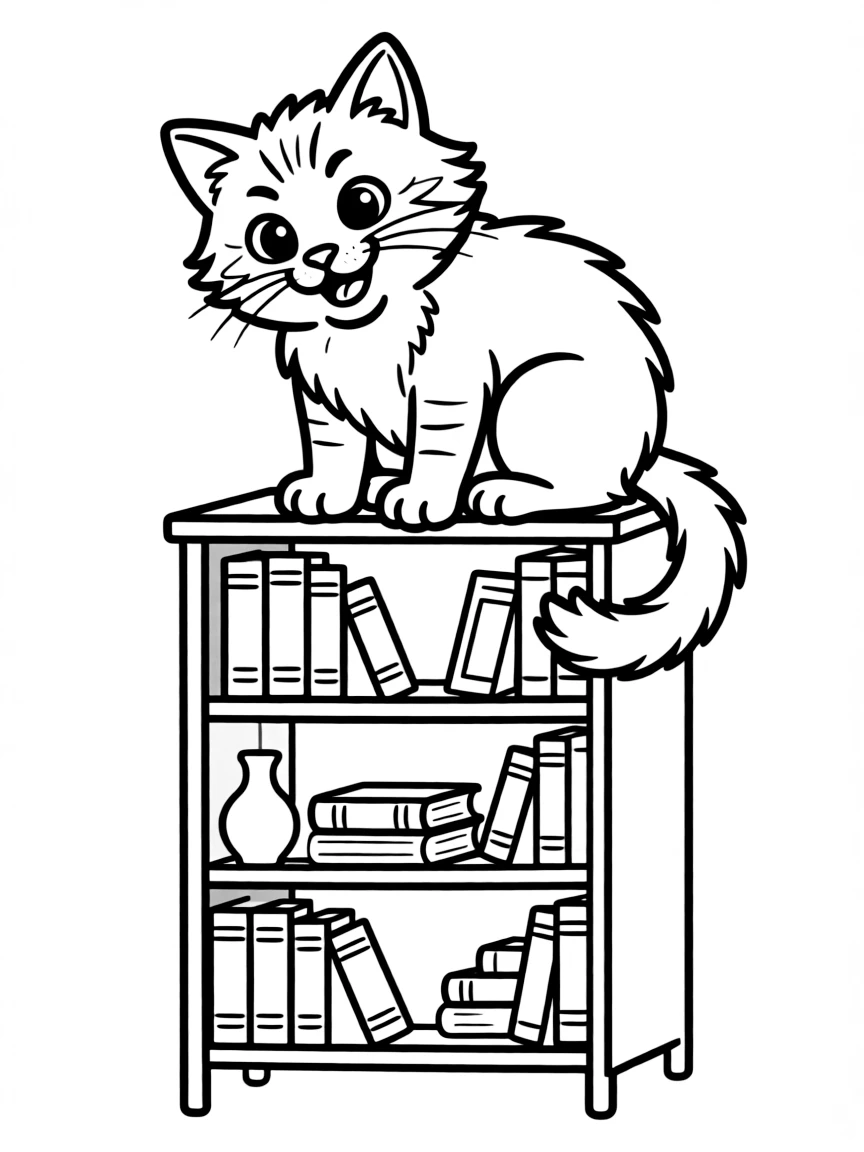A cat sitting on top of a bookshelf, looking down mischievously.