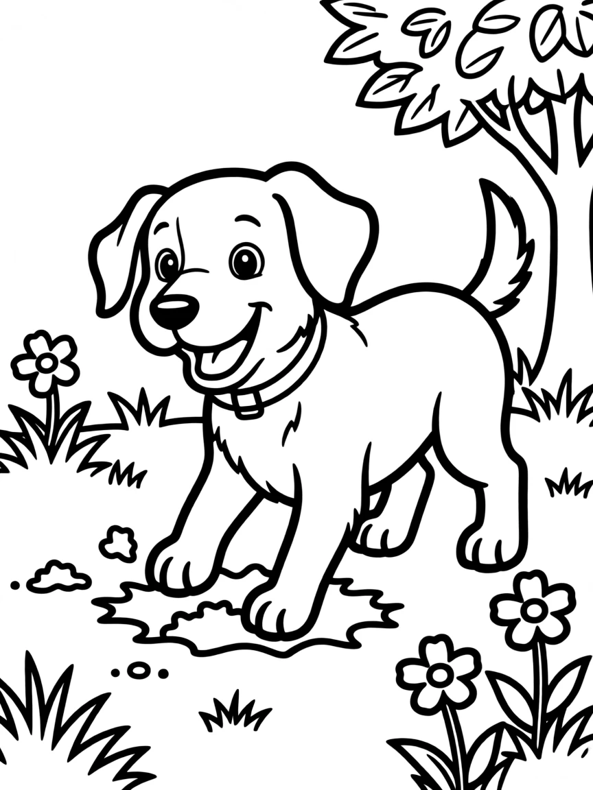 A dog digging a hole in the backyard.