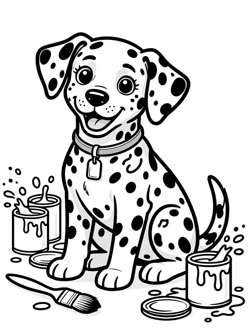 A Dalmatian puppy covered in paint splatters.