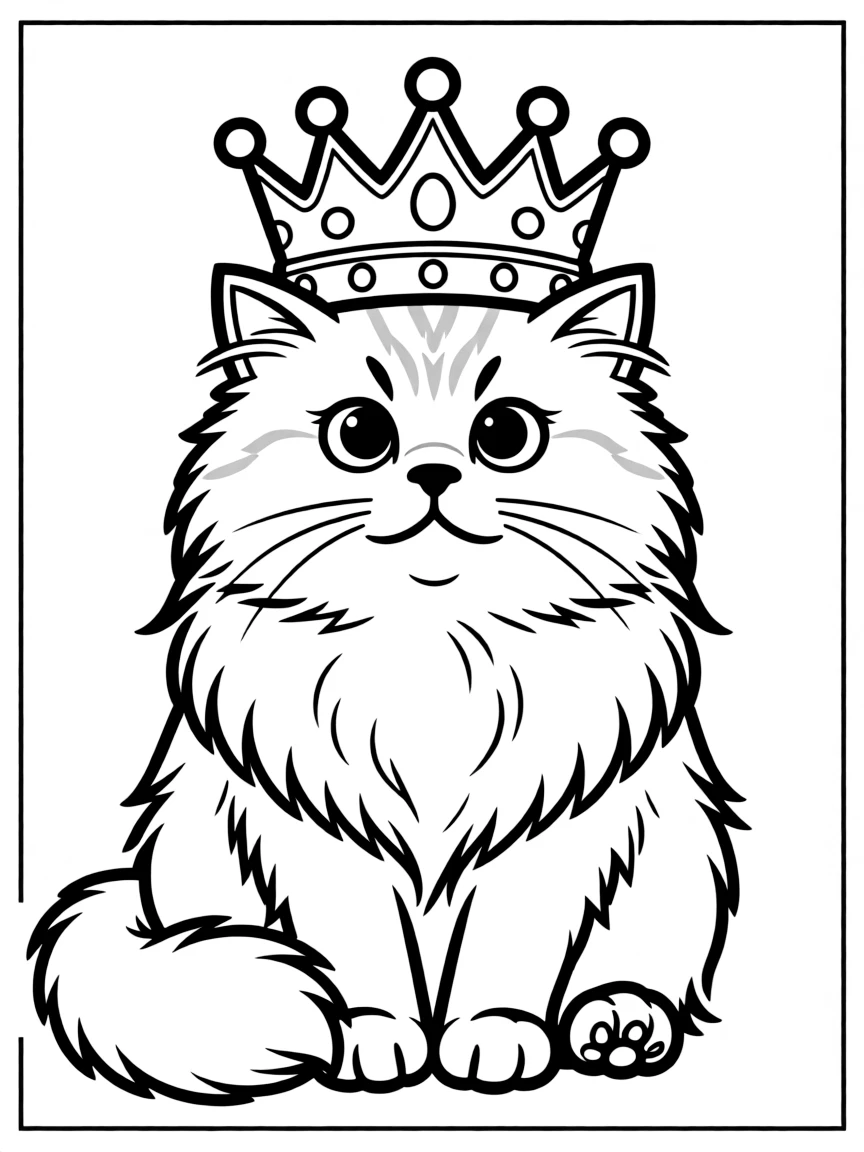 A fluffy Persian cat with a royal crown.