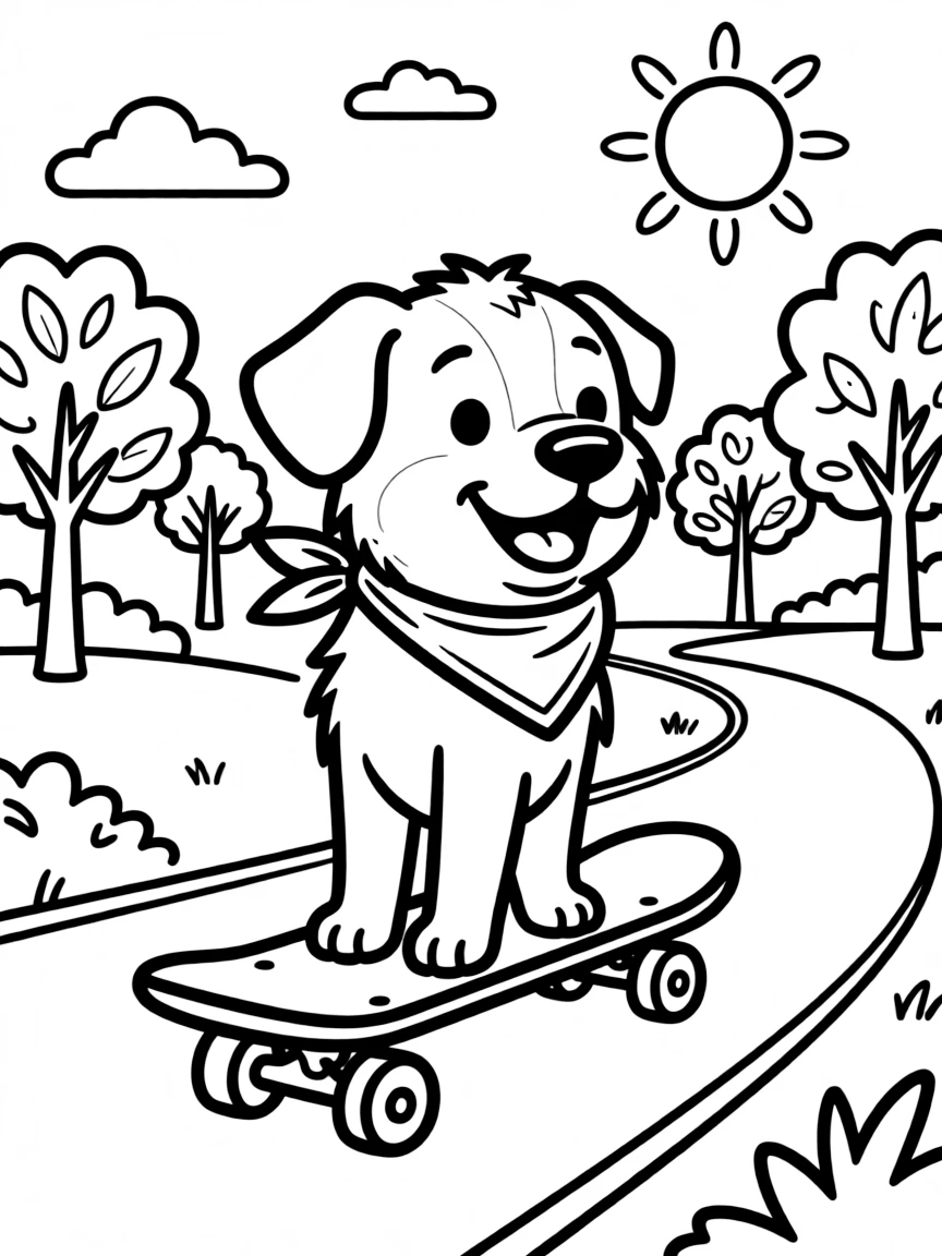 A dog riding a skateboard at the park.